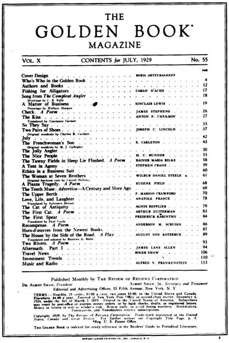 The Golden Book Magazine 1929 July contents